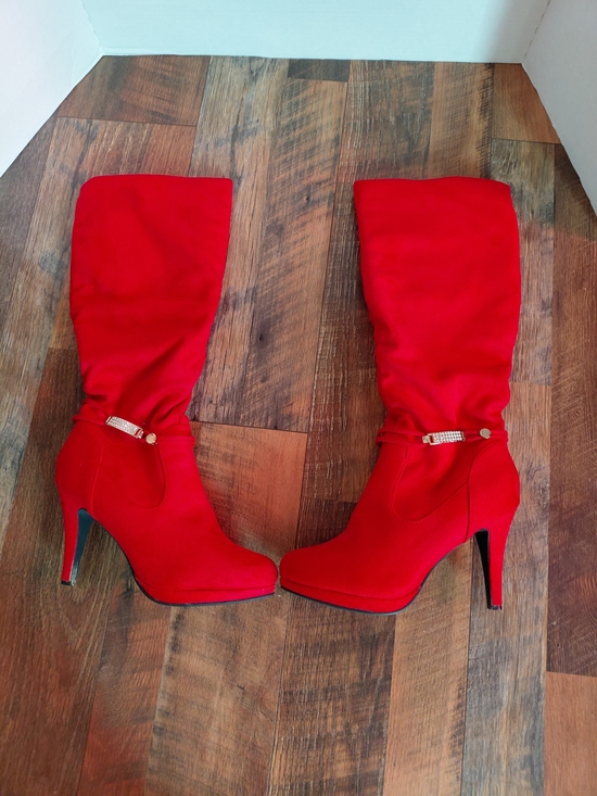 Dream Pairs Shoes - Dream Pairs Red Knee-High Stiletto Boots with Rhinestone Strap